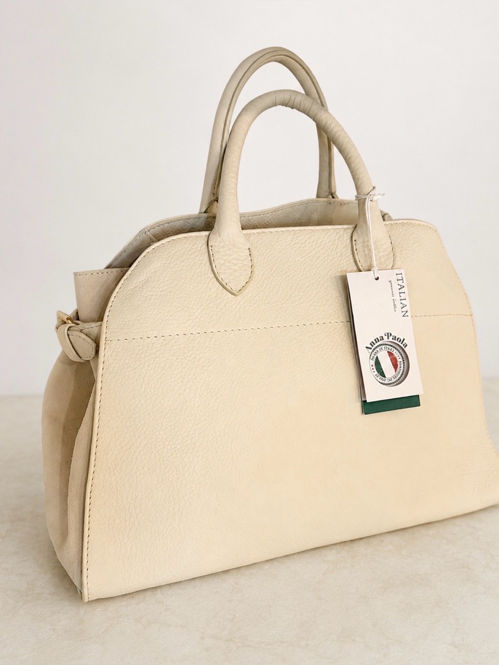 NWT Anna Paola "Riva" Genuine Italian Leather & Suede Satchel Bag - Cream / Capp